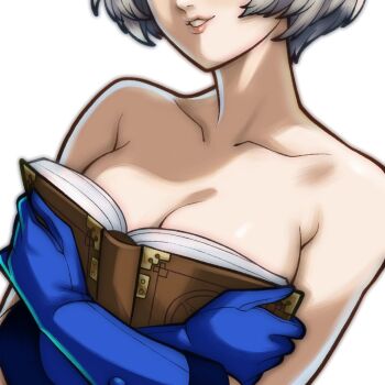1girl blue_gloves boobs_in_book_(meme) book breasts elizabeth_(persona) eyes_out_of_frame gloves head_out_of_frame holding holding_book lips medium_breasts meme open_book parted_lips persona persona_3 rotomdocs short_hair simple_background solo upper_body white_background