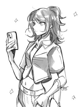 1girl bag bang_dream! bang_dream!_it&#039;s_mygo!!!!! cellphone chinese_commentary closed_mouth commentary_request greyscale highres holding holding_bag holding_phone medium_hair midriff monochrome navel phone shirt short_sleeves simple_background smartphone solo sparkle white_background yahata_umiri yoyoray20001996