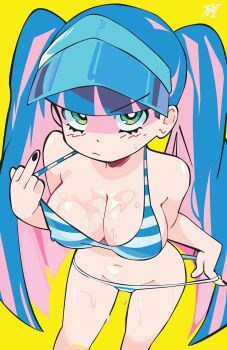 1girl absurdres alternate_hairstyle annoyed aqua_eyes bare_shoulders bikini bikini_pull black_nails blue_bikini blue_hair blunt_bangs blunt_ends blush breasts bright_pupils cleavage closed_mouth clothes_pull colored_inner_hair covered_erect_nipples frown green_eyes groin highres large_breasts long_hair looking_at_viewer middle_finger multicolored_hair nail_polish navel panty_&amp;_stocking_with_garterbelt pink_hair pulling_own_clothes solo standing stocking_(psg) streaked_hair striped_bikini striped_clothes swimsuit teasing twintails two-tone_hair v-shaped_eyebrows very_long_hair visor_cap wet