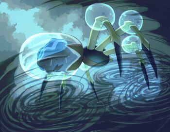 araquanid blue_eyes bubble bug commentary_request from_below full_body fusenryo gen_7_pokemon highres nintendo no_humans pokemon pokemon_(creature) pokemon_focus ripples solo
