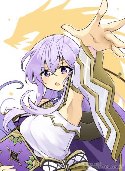 1girl armpits arms_up bare_shoulders book dress fighting_stance fire_emblem fire_emblem:_genealogy_of_the_holy_war holding holding_book julia_(fire_emblem) magic nintendo open_mouth purple_eyes purple_hair solo spell yukia_(firstaid0)