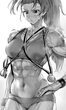 1girl abs absurdres armpit_crease bandage_on_cheek biceps breasts captain_mizuki furrowed_brow hand_on_own_hip high_ponytail highres long_hair medal medium_breasts midriff monochrome muscular muscular_female navel niwarhythm one-punch_man ponytail sports_bikini sports_bra sportswear sweat veins veiny_arms wristband