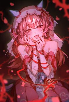 1girl animal_ears bare_shoulders blush bow breasts brown_hair detached_sleeves dress ear_covers ear_ribbon hair_between_eyes hair_ornament highres horse_ears horse_girl long_hair looking_at_viewer multicolored_hair open_mouth petals red_dress red_eyes red_ribbon ribbon small_breasts solo still_in_love_(scarlet_vow_raiment)_(umamusume) still_in_love_(umamusume) streaked_hair string string_of_fate umamusume veil white_hair white_veil ya_uwu_x yandere yandere_trance