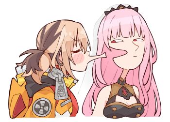 2girls :| blush_stickers breasts brown_hair cleavage closed_mouth commentary cropped_shoulders expressionless from_side gigi_murin gigi_murin_(1st_costume) highres hololive hololive_english hood hood_down kukie-nyan long_hair looking_at_another maomao_evading_jinshi&#039;s_kiss_(meme) meme mori_calliope mori_calliope_(1st_costume) multicolored_hair multiple_girls pink_hair profile puckered_lips red_eyes short_hair simple_background symbol-only_commentary tiara twintails two-tone_hair v-shaped_eyebrows veil virtual_youtuber white_background yuri zipper zipper_pull_tab