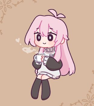 1girl baggy_clothes bloodymoonia coffee coffee_mug commentary cup drink english_commentary highres holding holding_cup indie_virtual_youtuber mug mumble_(shachimu) oversized_sweater pink_hair round_collar rounded_collar sleeve_slit steam sweater sweater_under_dress turtleneck turtleneck_sweater two-tone_sweater