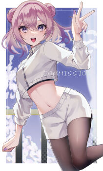 1girl absurdres black_pantyhose commission crop_top cropped_jacket double_bun hair_bun highres indie_virtual_youtuber jacket leah_fay_(vtuber) long_sleeves looking_at_viewer medium_hair midriff navel open_mouth pantyhose pink_hair purple_eyes purple_hair purple_nails shorts skeb_commission smile solo tanaka_(tps9g) virtual_youtuber white_jacket white_shorts