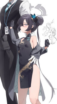 1boy 1girl absurdres berserker_r black_coat black_dress black_gloves black_hair black_pants black_vest blue_archive blush braid braided_bun breasts butterfly_hair_ornament coat coat_partially_removed doodle_sensei_(blue_archive) dragon dragon_print dress eastern_dragon feet_out_of_frame gloves hair_bun hair_ornament halo hand_on_another's_waist hetero highres inset kicking kisaki_(blue_archive) lanyard long_hair looking_at_viewer pants pelvic_curtain petite sensei_(blue_archive) shirt simple_background sleeveless sleeveless_dress small_breasts solo_focus sweatdrop very_long_hair vest white_background white_gloves white_shirt