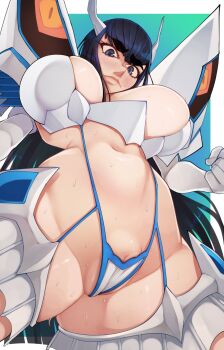 1girl besthetz black_hair blue_eyes blush breasts cameltoe commentary elbow_gloves english_commentary gloves highres junketsu kill_la_kill kiryuuin_satsuki large_breasts lips long_hair looking_at_viewer navel pussy pussy_peek revealing_clothes shiny_skin skindentation solo standing sweat thick_eyebrows thighs