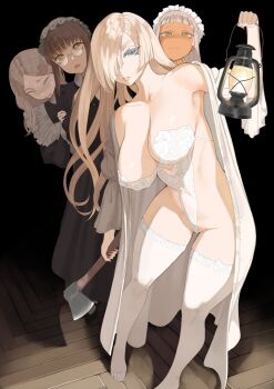 4girls blonde_hair breasts dark-skinned_female dark_skin huge_breasts long_hair maid multiple_girls throtem