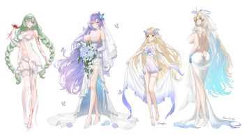 4girls absurdres alternate_costume ass babydoll back backless_dress backless_outfit bandage_over_one_eye bare_back bare_shoulders blonde_hair blue_butterfly blue_eyes blue_flower blue_hair blue_hands bouquet braid breasts bridal_lingerie bridal_veil bug butt_crack butterfly cantarella_(wuthering_waves) cartethyia_(wuthering_waves) cleavage closed_mouth colored_extremities colored_inner_hair commentary_request criss-cross_halter crown_of_thorns dang_geun23283 dress dual_persona elbow_gloves fleurdelys_(wuthering_waves) flower gloves grey_eyes grey_hair hair_flower hair_ornament halter_dress halterneck high_heels highres holding holding_bouquet holding_flower horns huge_breasts insect korean_commentary large_breasts lingerie long_dress long_hair long_horns looking_at_viewer low_twin_braids median_furrow medium_breasts multicolored_hair multiple_girls navel panties parted_bangs parted_lips phrolova_(wuthering_waves) purple_hair shoes simple_background single_horn single_thighhigh smile spider_lily stomach strapless strapless_dress tacet_mark_(wuthering_waves) thighhighs thighs twin_braids underwear veil very_long_hair wedding_dress white_babydoll white_background white_dress white_gloves white_panties white_shoes white_thighhighs white_veil wuthering_waves yellow_horns