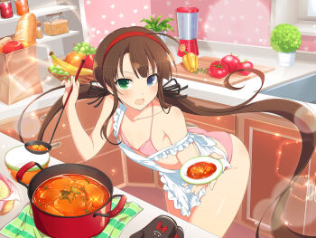 1girl apple apron baguette banana bell_pepper blender_(object) blush bread breasts brown_hair casserole cooking embarrassed flat_chest food fruit grapes green_grapes heterochromia jar kitchen ladle large_breasts long_hair offering_food open_mouth orange_(fruit) plate pov ryoubi_(senran_kagura) senran_kagura tomato twintails wide_hips yaegashi_nan
