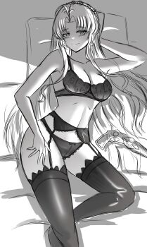 1girl absurdres ahoge arm_behind_head bare_shoulders bed blush bra breasts carlotta_(wuthering_waves) cleavage closed_mouth collarbone commentary den_kun69 earrings english_commentary feet_out_of_frame garter_belt garter_straps greyscale gun hairband highres jewelry long_hair looking_at_viewer lying medium_breasts monochrome on_back on_bed panties parted_bangs pillow sketch smile solo thighhighs thighs underwear underwear_only very_long_hair weapon wuthering_waves