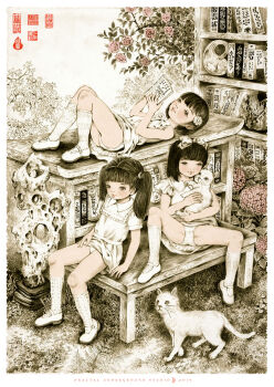 10s 2019 3girls animal bench black_eyes black_hair blush book bookshelf bow cat clothes_lift crescent crescent_moon crotch_seam crystal dress dress_lift flower fractal_underground_studio grass hair_bow hair_flower hair_ornament highres holding holding_animal holding_book kneehighs loli long_hair looking_at_viewer lying mary_janes moon multiple_girls original panties rock shirt shoes short_hair short_sleeves sitting smile socks spread_legs tree twintails underwear white_bow white_flower white_fur white_panties white_shirt white_shoes white_socks white_theme