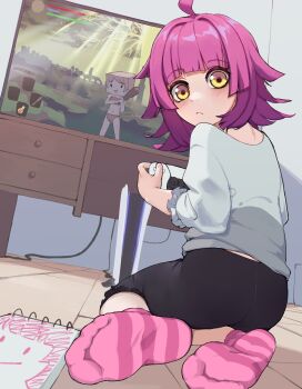 1girl absurdres ahoge capri_pants commission controller dualsense elden_ring feet female_focus from_behind game_console game_controller highres indoors k-rha's looking_at_viewer looking_back love_live! love_live!_nijigasaki_high_school_idol_club pants pink_footwear pink_hair playing_games playstation_5 playstation_controller socks soles solo television tennoji_rina toes yellow_eyes