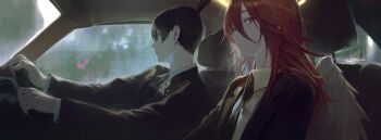 2boys angel_devil_(chainsaw_man) angel_wings black_hair black_jacket black_necktie car_interior chainsaw_man closed_mouth collared_shirt hair_between_eyes hayakawa_aki highres jacket long_hair long_hair_between_eyes long_sleeves looking_at_viewer looking_to_the_side male_focus multiple_boys necktie red_eyes red_hair shirt suit_jacket topknot trap verydisco white_shirt wings