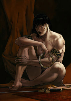 Rule 34 | 1girl, absurdres, arm on own leg, armband, barefoot, black hair, blunt bangs, breasts, closed eyes, collarbone, commentary, crossed legs, curtains, dima ivanov, english commentary, female pubic hair, full body, highres, jewelry, lips, muscular, nipples, nose, pubic hair, ring, rug, scar, simple background, sitting, solo, sword, toes, weapon, xena, xena: warrior princess