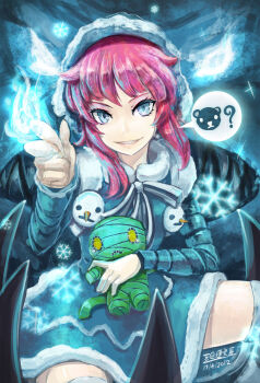 1girl amumu annie_(league_of_legends) beancurd blue_eyes blue_fire character_doll doll female_focus fire frostfire_annie fur_trim highres hood league_of_legends looking_at_viewer pink_hair pyrokinesis smile solo speech_bubble tibbers when_you_see_it