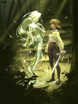 2girls ass belt belt_buckle black_belt black_boots black_pants boots brown_hair buckle bush closed_mouth collared_shirt commentary completely_nude dappled_sunlight day english_commentary explosion expressionless eyelashes falling_leaves fantasy feet floating floating_clothes floating_hair forest frilled_sleeves frills from_behind full_body high-waist_pants highres holding holding_sword holding_weapon hydrokinesis knee_boots leaf light_frown light_particles lips long_hair long_sleeves looking_at_another multiple_belts multiple_girls nature nude original outdoors pants puddle puffy_long_sleeves puffy_sleeves red_belt shirt shoe_belt short_hair_with_long_locks shoulder_blades signature sleeves_past_wrists sparkle standing sunlight sword very_long_hair water weapon white_shirt wikate wind yellow_eyes