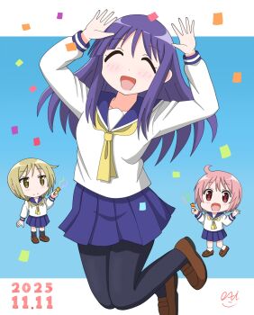 2025 3girls artist_name black_pantyhose black_socks blonde_hair blue_sailor_collar blue_skirt blush breasts closed_mouth collarbone dated dot_nose female_focus full_body hair_between_eyes hinata_yukari ichii_yui jumping long_hair looking_at_viewer multiple_girls nonohara_yuzuko open_mouth pantyhose pink_hair purple_hair ribbon sailor_collar school_uniform serafuku shirt shoes short_hair simple_background skirt small_breasts socks stdk310 white_shirt white_socks yuyushiki yuyushiki&#039;s_school_uniform