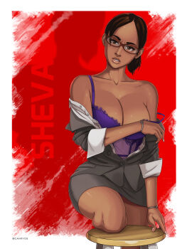 1girl alternate_costume breasts cosplay dark-skinned_female dark_skin glasses highres ingrid_hunnigan large_breasts resident_evil resident_evil_5 sheva_alomar solo
