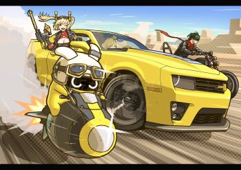 Rule 34 | 1boy, 2girls, bangboo (zenless zone zero), black gloves, black hair, black jacket, black shirt, blonde hair, breasts, burnice white, car, chevrolet, chevrolet camaro, chevrolet camaro (5th generation), cleavage, cloud, cowlick, desert, driving, eyewear on head, flamethrower, glint, gloves, goggles, goggles on headwear, green eyes, hair bun, helmet, highres, holding, holding flamethrower, holding weapon, jacket, leather, leather jacket, letterboxed, lighter (zenless zone zero), medium breasts, motion blur, motor vehicle, motorcycle, multiple girls, muscle car, one eye closed, orange eyes, piper wheel, red scarf, scarf, shirt, single hair bun, sky, smile, sumakun, sunglasses, twintails, v-shaped eyebrows, vehicle focus, weapon, white helmet, yellow car, yellow gloves, zenless zone zero