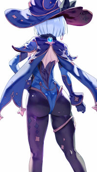Rule 34 | 1girl, ass, backless outfit, barbeloth (genshin impact), black gloves, black pantyhose, blue hat, blue leotard, cosplay, detached sleeves, feet out of frame, from behind, genshin impact, gloves, hat, highres, leotard, mona (genshin impact), mona (genshin impact) (cosplay), pantyhose, short hair, solo, standing, thighs, uenoryoma, white hair, witch hat
