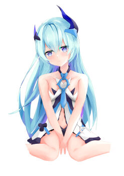 1girl absurdres ban_tang bare_shoulders blue_eyes blue_hair blue_horns breasts chinese_commentary commentary_request cropped_legs dress highres honkai_(series) honkai_impact_3rd horns liliya_olenyeva long_hair looking_at_viewer simple_background single_horn sitting small_breasts solo very_long_hair wariza white_background white_dress