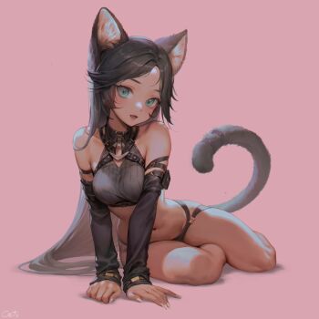 1girl animal_ears black_hair caesty cat_ears cat_girl cat_tail crop_top green_eyes highres long_hair long_sleeves navel original panties pink_background sitting sleeves_past_wrists solo tail underwear very_long_hair