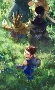 2girls 3boys anniversary arms_behind_back azurda_(xenoblade) black_coat black_hat brown_hair closed_mouth coat commentary_request from_above gloves hat highres jumpsuit looking_at_viewer morag_ladair_(xenoblade) multiple_boys multiple_girls nia_(xenoblade) on_grass pito_(pitosan) rex_(xenoblade) short_hair smile tora_(xenoblade_2) walking white_gloves xenoblade_chronicles_(series) xenoblade_chronicles_2 yellow_eyes yellow_jumpsuit zeke_von_genbu_(xenoblade)