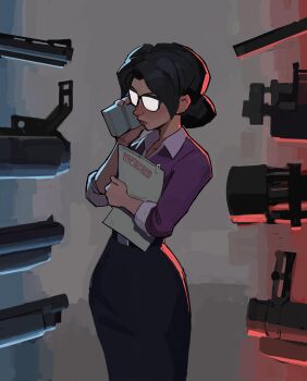 1girl absurdres amugea belt black_hair collared_shirt file folder gatling_gun glasses grenade_launcher gun hair_bun highres minigun miss_pauling phone purple_shirt shirt short_hair shotgun single_hair_bun skirt team_fortress_2 weapon