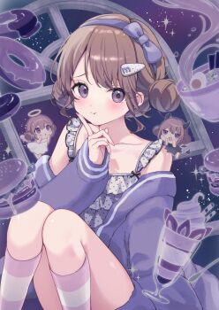 3girls angel_and_devil bare_shoulders blue_hairband blush bow_hairband brown_hair chibi closed_mouth collarbone commentary_request donut double_bun feet_out_of_frame food hair_bun hair_ornament hairband hairclip hand_up highres jacket kneehighs long_sleeves moeko_(moeko0903) multiple_girls multiple_persona open_clothes open_jacket open_mouth original pink_socks purple_background purple_eyes purple_jacket shirt short_hair sitting sleeveless sleeveless_shirt socks striped_clothes striped_socks white_shirt