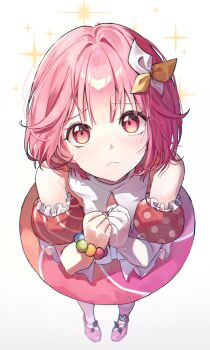 1girl absurdres bare_shoulders bead_bracelet beads blush bow bracelet closed_mouth detached_sleeves dress from_above full_body gradient_background hair_bow hands_up hhiiiiiik highres jewelry looking_at_viewer looking_up ootori_emu pink_eyes pink_hair polka_dot project_sekai puffy_short_sleeves puffy_sleeves shoes short_hair short_sleeves simple_background solo sparkle standing white_background