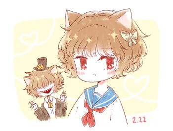 Rule 34 | 2boys, :t, animal ears, black hat, black jacket, blue sailor collar, border, bow, bowtie, brown hair, cat ears, closed mouth, collared shirt, cropped torso, dated, double v, eleanor (ohmyeleanor), flower, flower in eye, girly boy, hair bow, hair over eyes, hat, hat flower, heart, heart of string, henri die heilige, jacket, kemonomimi mode, layered sleeves, light blush, long sleeves, looking at viewer, male focus, mini hat, mini top hat, multiple boys, neckerchief, open clothes, open jacket, open mouth, outside border, pocket mirror, pout, red eyes, red neckerchief, sailor collar, sailor shirt, sharp teeth, shirt, short hair, smile, sparkle, strange boy, symbol in eye, teeth, top hat, upper teeth only, v, white border, white shirt, yellow background, yellow bow, yellow bowtie, yellow flower