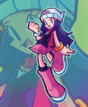 1girl abstract_background beanie blue_eyes blue_hair boots butterhat commentary dawn_(pokemon) dynamic_pose english_commentary full_body gradient_background hand_up hat highres long_hair midair nintendo open_mouth outstretched_arm patterned_background pink_boots pink_nails pink_skirt pokemon pokemon_dppt poketch red_scarf scarf skirt sleeveless smile solo thick_outlines watch white_hat wristwatch
