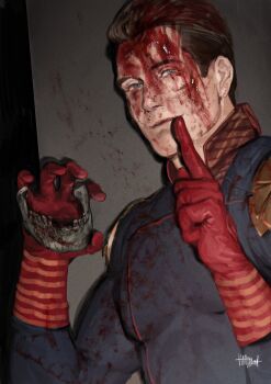 1boy absurdres arm_up blood blood_in_hair blood_on_clothes blood_on_face blood_on_wall blue_eyes blue_shirt bone closed_mouth collared_shirt commentary english_commentary gloves highres holding homelander index_finger_raised jawbone light_smile male_focus red_gloves shirt signature solo superhero_costume the_boys upper_body vanshoundd