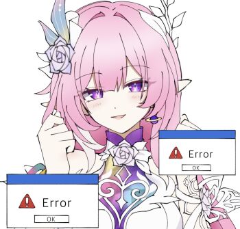 1girl commentary cyrene_(honkai:_star_rail) cyrene_(ripples_of_past_reverie)_(honkai:_star_rail) diamond-shaped_pupils diamond_(shape) dress error_message flower hair_flower hair_ornament highres honkai:_star_rail honkai_(series) open_mouth pink_hair pointy_ears purple_eyes purple_flower purple_rose rose simple_background smile solo symbol-only_commentary symbol-shaped_pupils upper_body white_background white_dress yukimi_(yuyuyu_324)