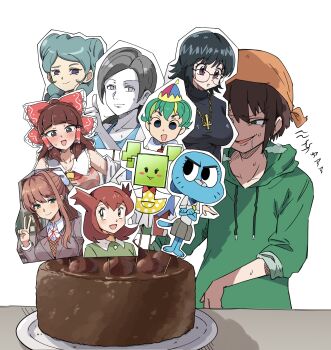 1boy 6+girls absurdres artist_self-insert beta_(inazuma_eleven) bianca_(pokemon_heroes) blunt_bangs brown_hair cake colored_skin commentary cookie_(touhou) crayon_shin-chan crayon_shin-chan:_chou_arashi_wo_yobu!_kinpoko_no_yuusha doki_doki_literature_club doki_doki_literature_club_school_uniform drooling english_commentary food furry furry_female green_hoodie green_shirt grey_eyes hakurei_reimu hear_me_out_cake_(meme) highres hood hoodie hunter_x_hunter inazuma_eleven_(series) inazuma_eleven_go inazuma_eleven_go_chrono_stone inverted_cross_necklace long_hair mario_(series) mata_tami meme mimi_(paper_mario) monika_(doki_doki_literature_club) multiple_girls nicole_watterson nintendo open_mouth paper_mario pokemon pokemon_(anime) pokemon_(classic_anime) pokemon_heroes:_latios_&amp;_latias purple_eyes rurima_(cookie) school_uniform shirt shizuku_murasaki simple_background smile sn_(zigzagspark6) sn_(zigzagspark6)_(character) super_paper_mario the_amazing_world_of_gumball touhou upper_body v-shaped_eyebrows white_background white_skin wii_fit wii_fit_trainer wii_fit_trainer_(female)