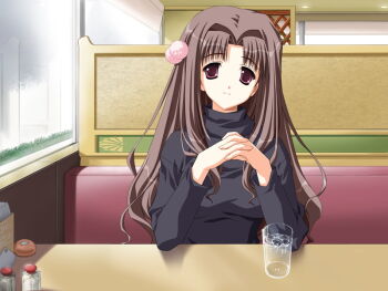 1girl asou_touri black_sweater breasts brown_eyes brown_hair cafe closed_mouth doko_e_iku_no_ano_hi game_cg hair_ornament kanno_touko large_breasts light_smile long_hair looking_at_viewer non-web_source sitting sweater