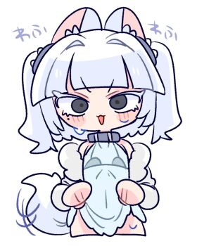 1boy :d animal_ear_fluff animal_ears bare_shoulders black_bra blunt_bangs blush bra chibi chibi_only collar commentary covered_navel cowboy_shot crossdressing crossdressing_(mtf) dress eve_(op_na_yarou) fox_boy fox_ears fox_tail fur-trimmed_jacket fur_trim grey_collar grey_eyes hair_intakes hair_tie hands_up jacket looking_at_viewer male_focus medium_hair microdress mole mole_under_eye no_nose off_shoulder op_na_yarou open_mouth original see-through_clothes see-through_dress side_slit sidelocks simple_background sleeveless sleeveless_dress smile solo sweat tail tail_wagging thighs translated trap two_side_up underwear v-shaped_eyebrows white_background white_dress white_hair white_jacket white_tail