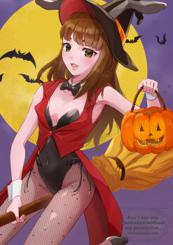 1girl absurdres akishino_yuzuki bat_(animal) black_bow black_bowtie black_hat black_leotard blunt_bangs bow bowtie breasts broom broom_riding brown_eyes brown_hair coattails commission detached_collar fishnet_pantyhose fishnets full_moon halloween_bucket hat highres indie_virtual_youtuber jack-o'-lantern leotard long_hair moon pantyhose playboy_bunny_vest red_vest shimohuri_suzume side-tie_leotard skeb_commission small_breasts solo strapless_leotarde tailcoat vest virtual_youtuber witch_hat wrist_cuffs