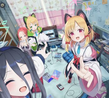 4girls absurdres animal_ear_headphones animal_ears aris_(blue_archive) black_hair black_skirt blonde_hair blue_archive blue_eyes blue_necktie blush book bow braid closed_eyes collared_shirt commentary_request controller curtains doodle_sensei_(blue_archive) fake_animal_ears full_body game_controller game_development_department_(blue_archive) hair_between_eyes halo headphones highres hood hood_down hooded_jacket jacket long_hair long_hair_between_eyes long_sleeves looking_at_viewer lying midori_(blue_archive) momoi_(blue_archive) multiple_girls necktie one_side_up open_clothes open_jacket parted_lips phone pleated_skirt power_symbol red_bow red_hair sensei_(blue_archive) shirt siblings sisters skirt smile socks standing tail television twig_imokenpi twins very_long_hair white_jacket white_shirt whiteboard wide_sleeves yuzu_(blue_archive)