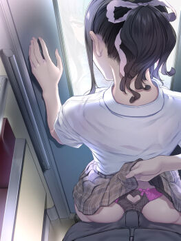 1boy 1girl against_door ass back bad_id bad_twitter_id between_buttocks black_hair black_panties bow bow_panties bulge bulge_to_ass buttjob buttjob_over_clothes chikan clothes_lift clothing_cutout collared_shirt door dry_humping erection erection_under_clothes from_behind hair_bow half-closed_eye heart_cutout heart_pasties hetero highres humping lifting_own_clothes matsukawa_(pale_scarlet) molestation multicolored_panties nape original panties pants pasties pink_panties plaid_clothes plaid_skirt ponytail pov reflection school_uniform shirt short_sleeves skirt skirt_lift standing train train_interior underwear window