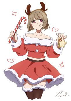 1girl :p bell bob_cut brown_hair candy candy_cane collarbone cowboy_shot dress food fur-trimmed_dress fur_trim highres holding holding_bell holding_candy holding_candy_cane holding_food long_sleeves looking_at_viewer love_live! love_live!_nijigasaki_high_school_idol_club luozomi nakasu_kasumi purple_eyes short_hair solo tongue tongue_out white_background