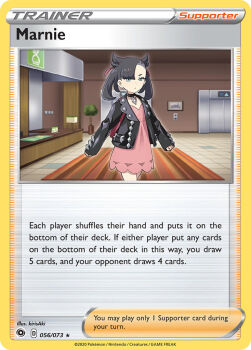 1girl artist_name asymmetrical_bangs backpack bag black_choker black_hair black_jacket card_(medium) carpet character_name choker closed_mouth company_name copyright_name counter dress elevator english_text green_eyes hair_ribbon hotel indoors jacket kirisaki_(gin16k) marnie_(pokemon) nintendo official_art pink_dress pokemon pokemon_swsh pokemon_tcg ribbon solo third-party_source tile_floor tiles trading_card twintails undercut walking