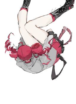 Rule 34 | 1girl, ahoge, black boots, boots, grey shirt, grey skirt, hair ribbon, highres, kasane teto, kasane teto (sv), lace-up boots, red hair, red skirt, ribbon, rolling girl (vocaloid), shirt, short hair, skirt, solo, synthesizer v, two-tone skirt, ummwa, white ribbon