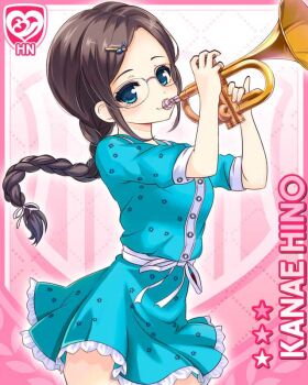 1girl blue_dress blue_eyes brown_hair card_(medium) character_name dress girlfriend_(kari) glasses hair_ornament hino_kanae holding holding_instrument holding_trumpet instrument looking_at_viewer music official_art pink_background playing_instrument qp:flapper skirt smile solo trumpet
