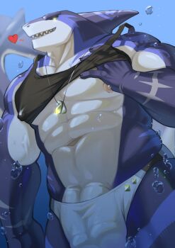 1boy abs absurdres bara black_sclera black_shirt black_tank_top blue_sky capt._locke_(xxl) clothes_lift colored_sclera commentary dog_tags dorsal_fin english_commentary extra_penises fangs fins fish_tail furry furry_male heart highres jewelry looking_at_viewer male_focus male_underwear muart_1121103 muscular muscular_male navel necklace nipples open_mouth pectorals penis penis_peek profile shark_boy shark_fin shark_tail shirt shirt_lift sky sleeveless sleeveless_shirt smile tail tank_top underwear white_male_underwear xxl_woofia yellow_eyes
