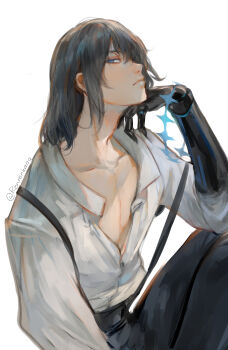 1boy absurdres blue_eyes closed_mouth colored_extremities commentary english_commentary expressionless fate/grand_order fate_(series) grey_hair highres male_focus oberon_(fate) oberon_(third_ascension)_(fate) pectoral_cleavage pectorals renrenka_noi shirt short_hair simple_background solo suspenders white_background white_shirt