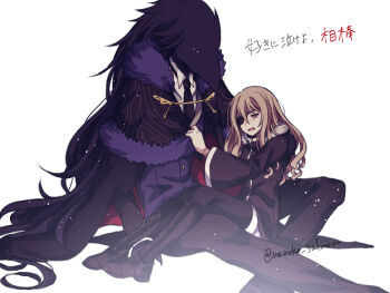 Rule 34 | 1boy, 1girl, animal head, bird boy, black coat, black pantyhose, black skin, black suit, blonde hair, boots, cape, caron (higyaku no noel), coat, colored skin, demon boy, eyepatch, formal clothes, fur-trimmed coat, fur trim, highres, higyaku no noel, imminent death, long hair, nanoko, necktie, noel cerquetti, official alternate costume, pantyhose, red eyes, sitting, spoilers, suit, tears, winter clothes, winter coat