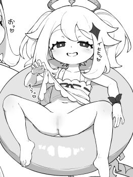 1girl anus barefoot blush bottomless censored clothes_lift collarbone condom dress dress_lift feet flat_chest full_body genshin_impact greyscale grin hair_ornament half-closed_eyes halo holding holding_condom innertube lifting_own_clothes loli looking_at_viewer lying medium_hair mesugaki monochrome mosaic_censoring multiple_views navel no_panties on_back paimon_(genshin_impact) pussy short_hair simple_background sleeveless smile solo spread_legs star_(symbol) star_hair_ornament sundress suzumiya_ran swim_ring teeth toes twintails used_condom white_background
